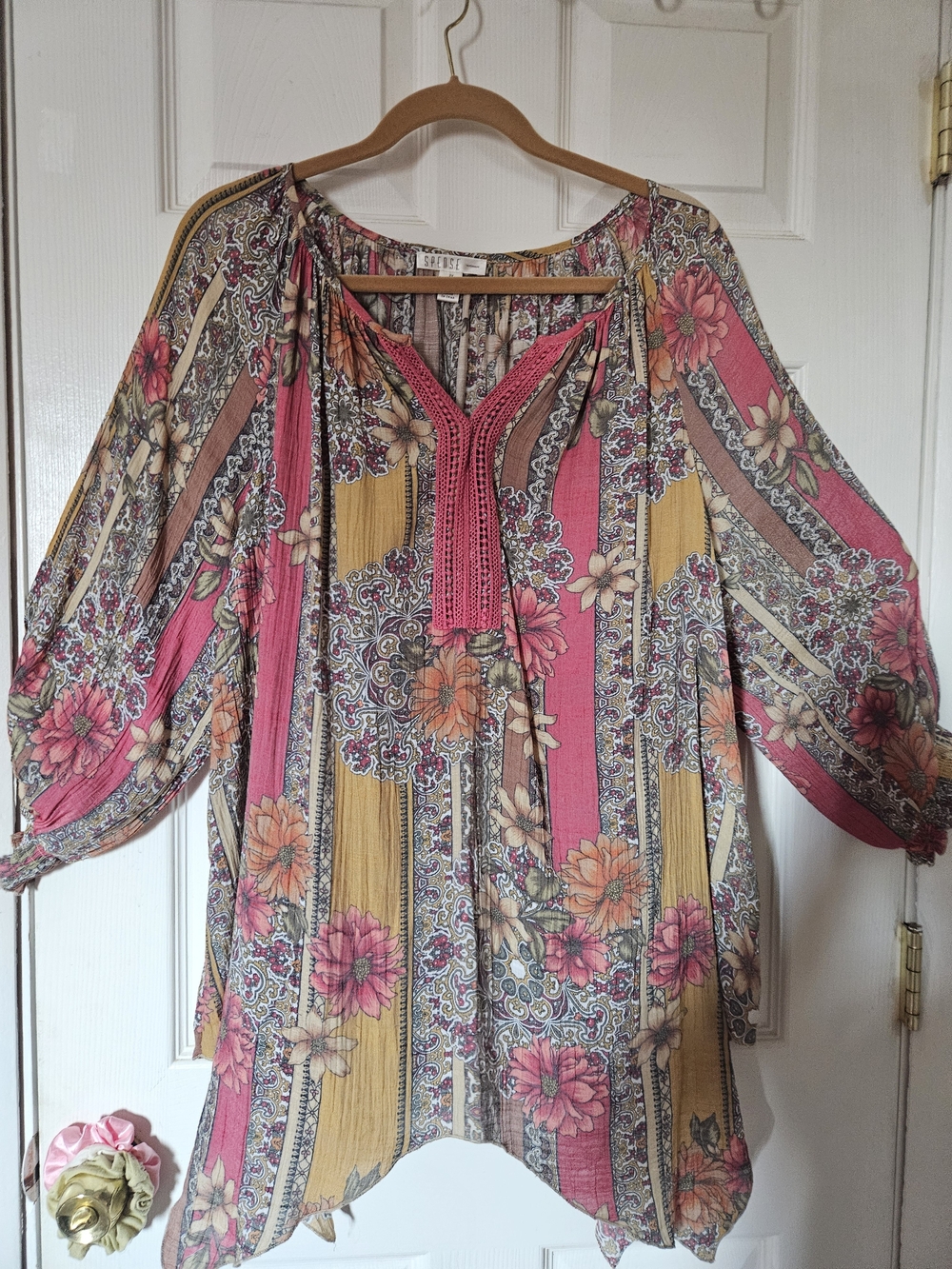 Boho Floral Peasant Top in Pink & Mustard